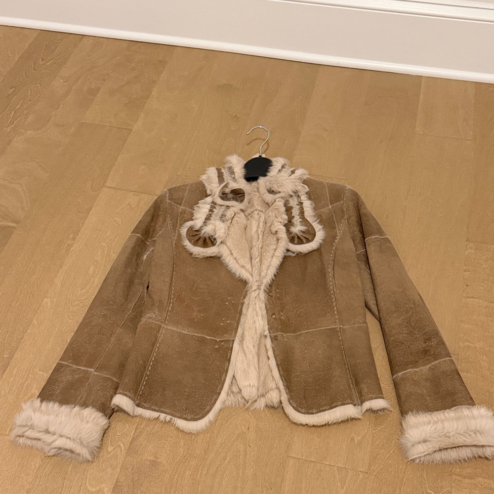 EliE Tahari Crackle Tan Leather / Rabbit fur Jacket XS